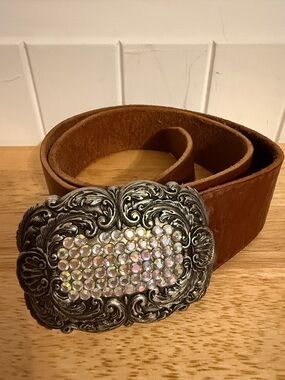Fossil Brown Leather Belt with Ornate Silver Rhinestone Buckle